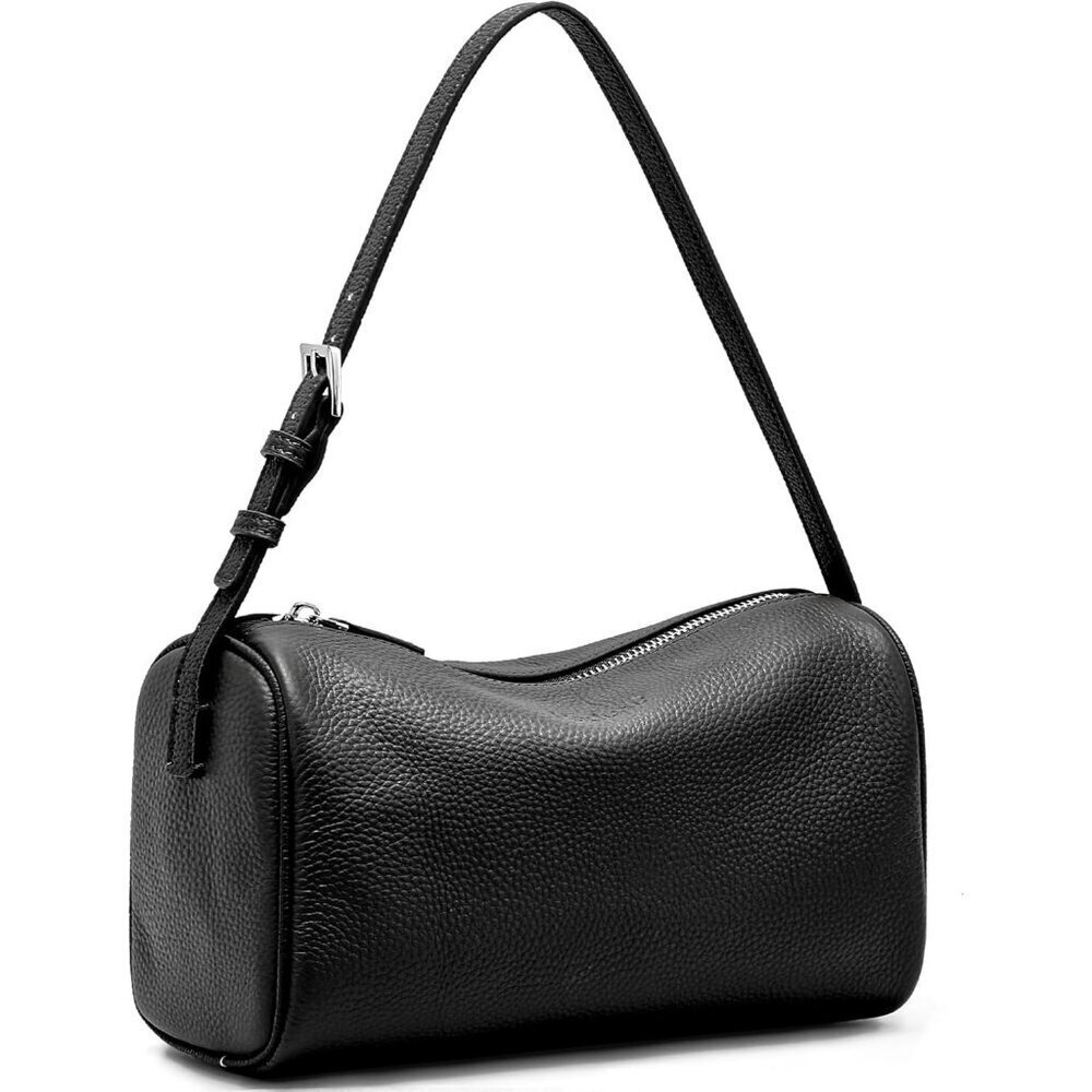 Women Black  Small Barrel Shoulder Hobo Handbag Genuine Leather Crossbody Purses